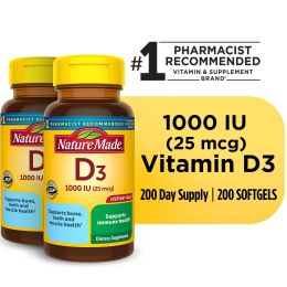 Nature Made Vitamin D3 1000 IU (25 mcg) Softgels; 200 Count; Twin Pack