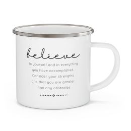 Enamel Camping Mug, Believe In Yourself - Inspirational Motivation - Black