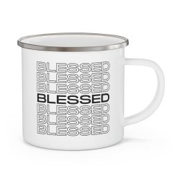 Enamel Camping Mug, Stacked Blessed Print - Inspirational Affirmation - Black
