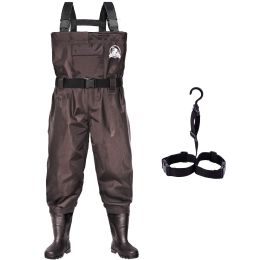 UPGRADE Fishing Waders for Men&Women with Boots Waterproof;  Nylon Chest Wader with PVC Boots & Hanger Brown (Color: Brown, size: Men 12/Women 14)
