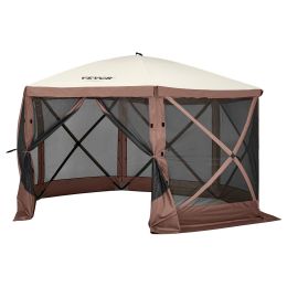 VEVOR Pop Up Gazebo Tent, Pop-Up Screen Tent 6 Sided Canopy Sun Shelter with 6 Removable Privacy Wind Cloths & Mesh Windows (Item Size: 12.5 x 12.5 ft, Color: Brown)